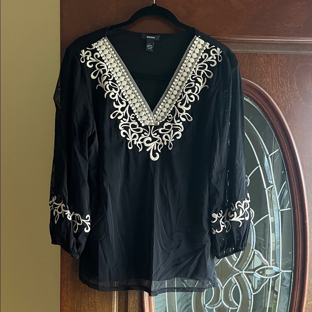 Alfani Black Blouse with White Detailing